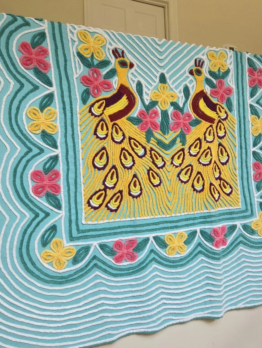 Vintage Chenille Peacock Bedspread 90